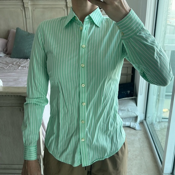 Banana Republic size 4 green and white striped non-iron fitted button down shirt - Picture 1 of 6